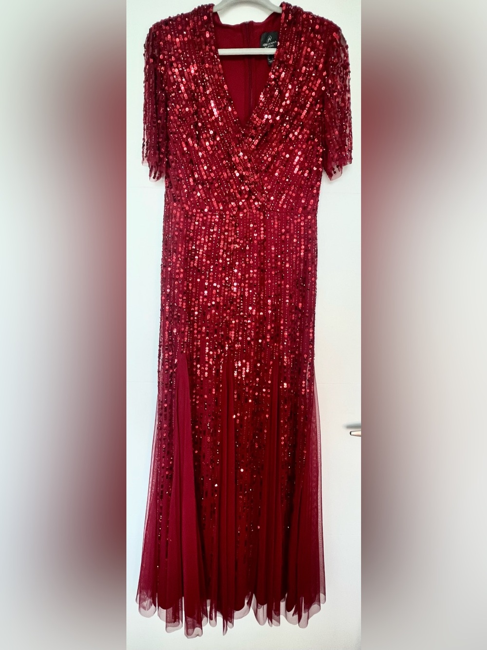 Adrianna Papell Crimson Red Sequin Maxi Gown Size 12 V Neck Formal